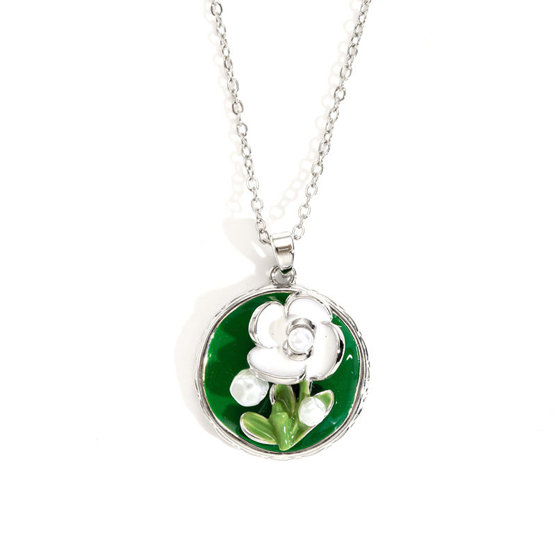 Wholesale rose oil painting high-grade necklace pearl color simple clavicle chain stainless steel plated 18k gold necklace for women